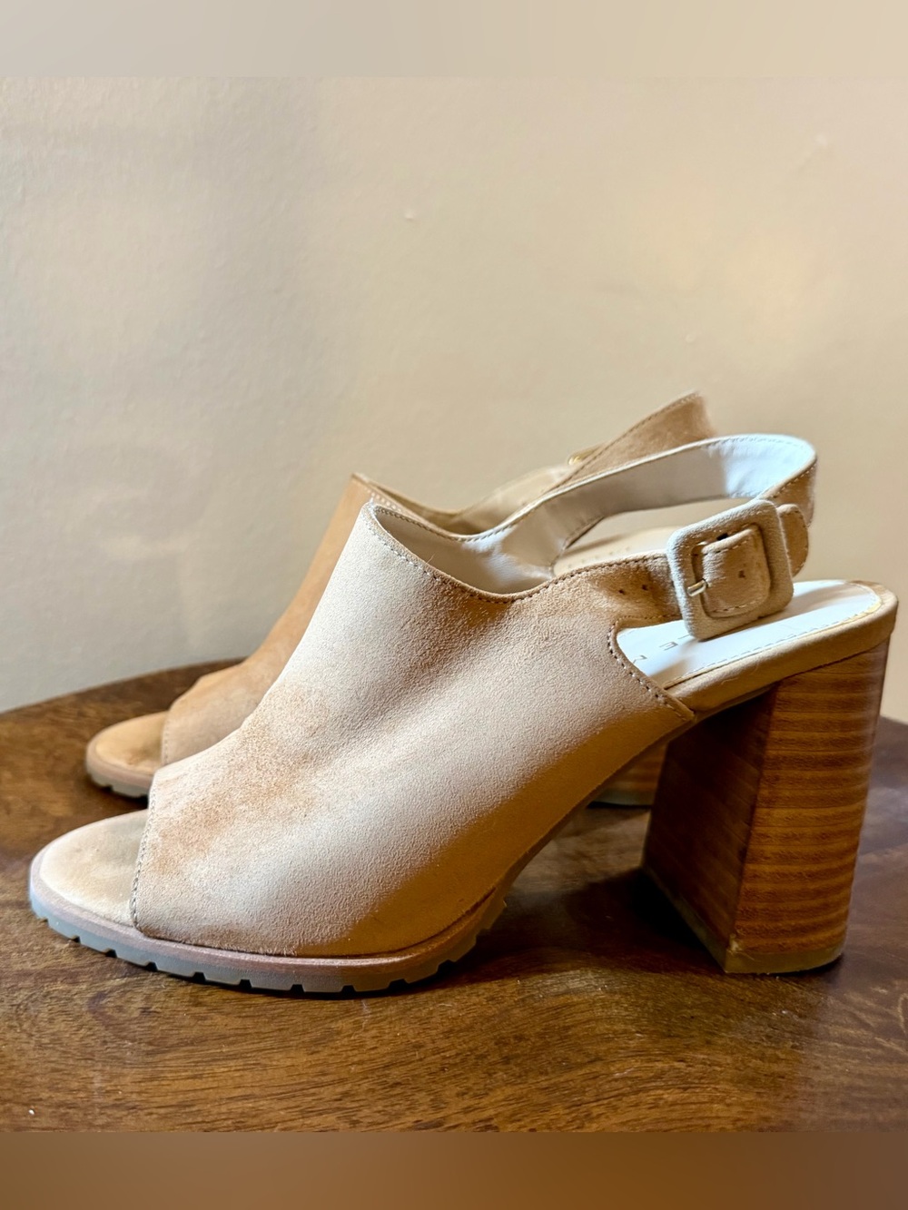 Pelle Moda Neutral Suede Peep-Toe Slingback Mules - Tan